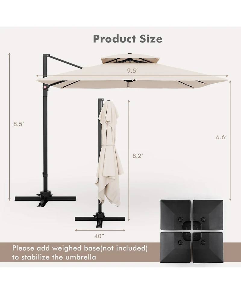 Gymax Patio 9.5FT Square Cantilever Offset Umbrella Double Vented 360° Heavy Duty