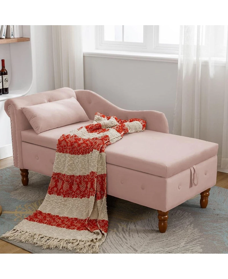 Velvet Upholstered Chaise Lounge with Storage and Pillow, Tufted Rolled Arm Chair Nailhead Trim for Living Room or Bedroom-The Pop Home