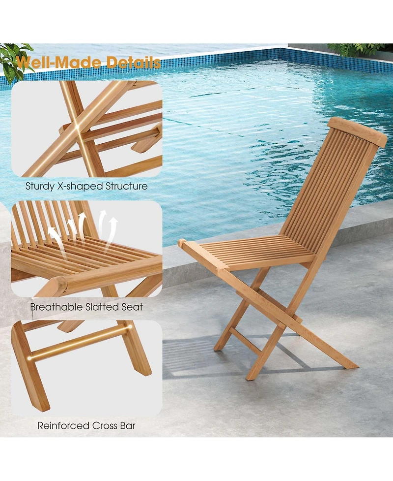 2 Pcs Patio Folding Chair Teak High Back Dining Slatted Seat Portable Outdoor