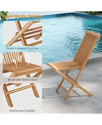 2 Pcs Patio Folding Chair Teak High Back Dining Slatted Seat Portable Outdoor