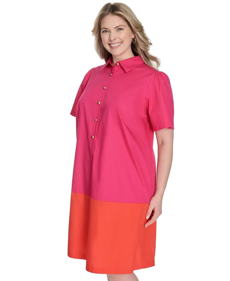 Jessica Howard Plus Cotton Colorblocked Shift Shirtdress