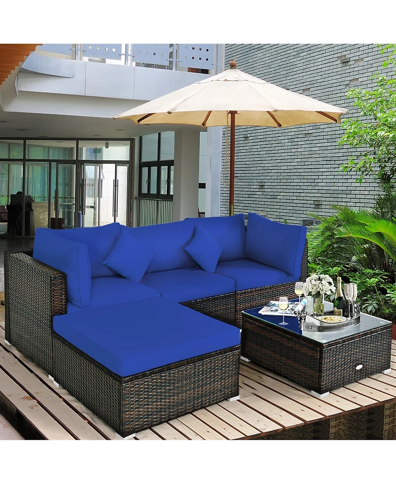 Gymax 5PC Rattan Patio Conversation Set Outdoor Furniture Set w/ Ottoman Cushion