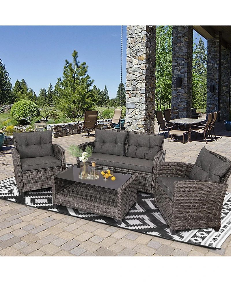 Gymax 8PCS Rattan Patio Conversation Set Cushioned Outdoor Furniture Set