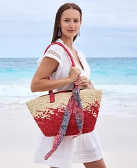 Patricia Nash Calypso Medium Woven Straw Tote with Greek Floral Scarf