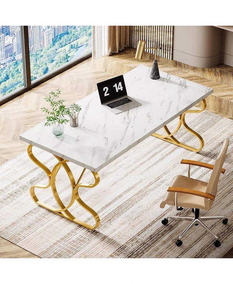 Tribesigns 63-Inch Computer Desk, Modern Executive Desk with Gold Metal Legs, Large Sturdy Writing Table for Home Office, White and Gold