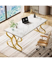 Tribesigns 63-Inch Computer Desk, Modern Executive Desk with Gold Metal Legs, Large Sturdy Writing Table for Home Office, White and Gold