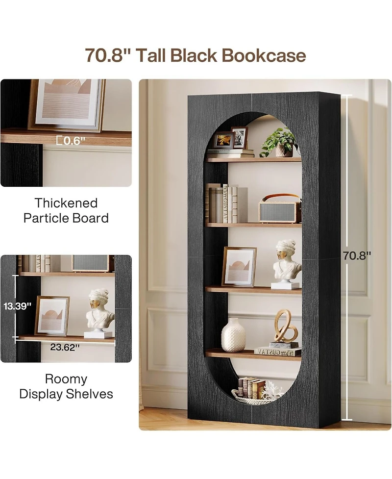 Tribesigns 5-Tier Black Arched Bookshelf, 70.87-Inch Tall Arch Bookcase with Storage, Modern Book Shelf Storage Organizer for Living Room, Home Office
