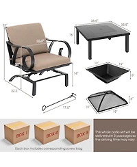 Gymax 5PCS Cushioned Patio Dining Set Heavy-Duty Rocking Chairs with 4-in-1 Fire Pit Table