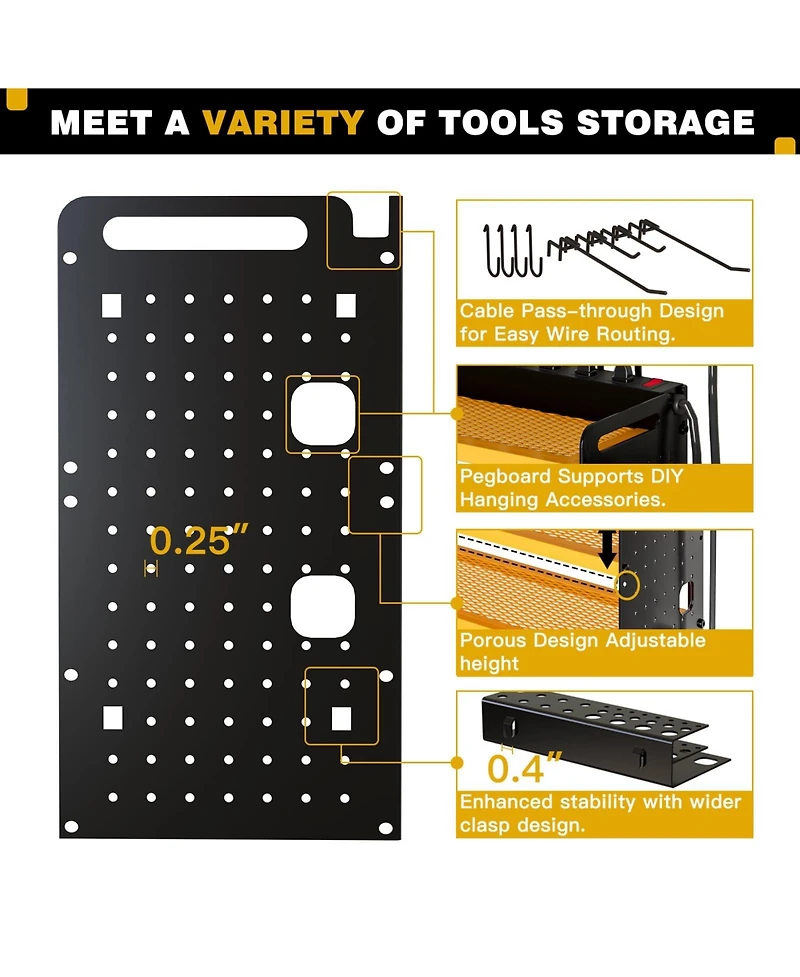 Hausource 4-Tier Power Tool Organizer Wall Mount Tool Storage Workbench W/8 Drill Holder Utility Shelving,Yellow