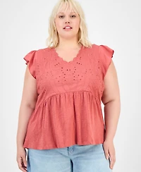 Democracy Trendy Plus Embroidered Flutter Sleeve Blouse
