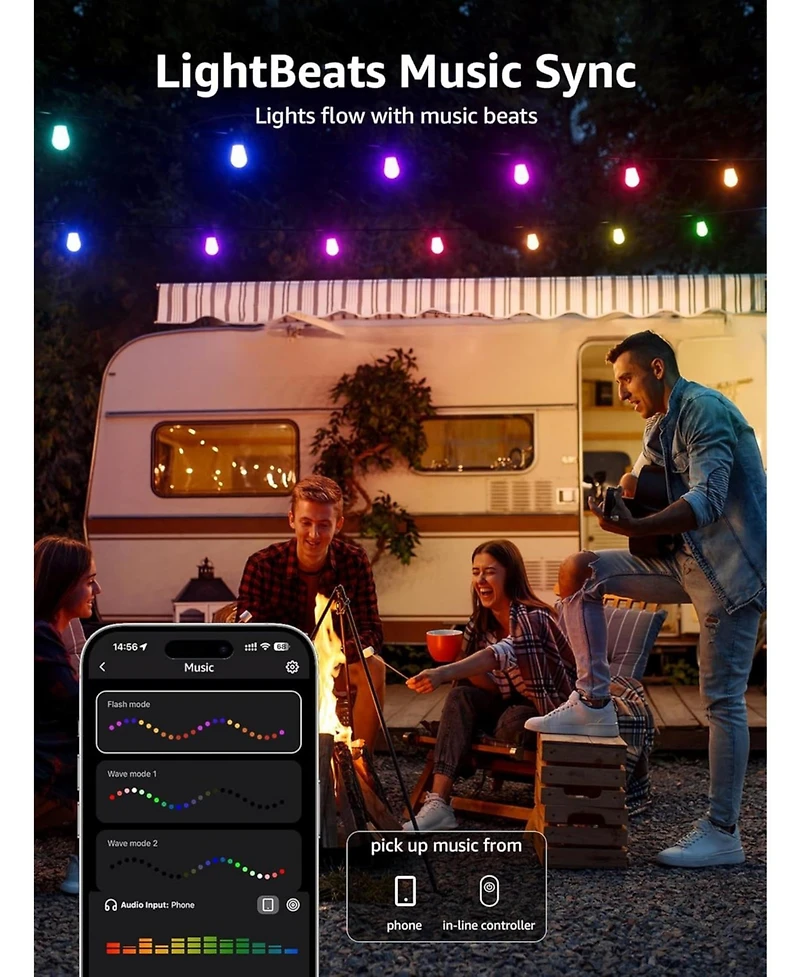 Lepro ZB1 Ai Smart Outdoor String Lights App Control, 54(42+12) ft Rgb+Ic+Warm White Outdoor Lights 15 Led Bulbs, Alexa Google Enabled, No Remote