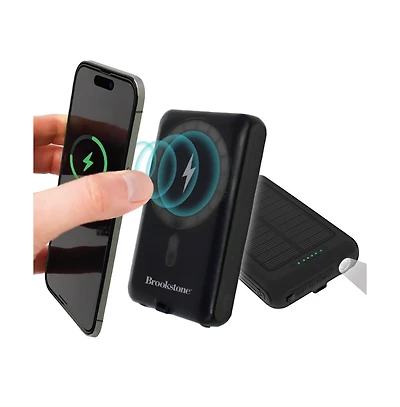 Brookstone 5,000mAh Solar Powered Magsafe Wireless Charging Multi-Port Power bank with Built-In Flash Light
