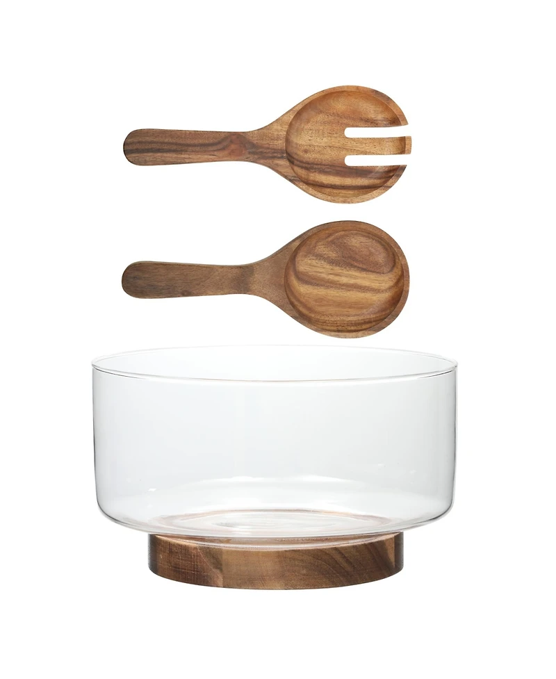 Gibson Home Wildgreens Large Glass Salad Bowl Set with Acacia Wood Base and Acacia Serving Utensils