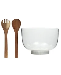 Gibson Home Wildgreens Large Glass Salad Bowl Set with Marble Base and Acacia Serving Utensils