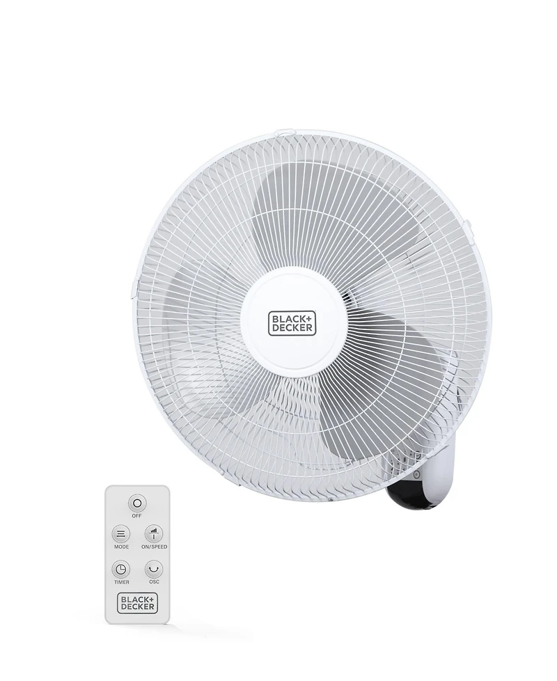 Black+Decker 16" Wall Fan with Remote Control, Oscillating Fan with 3 Speed Settings and Shut Off Fan Timer, Wall Mount Fan with Adjustable Tilt