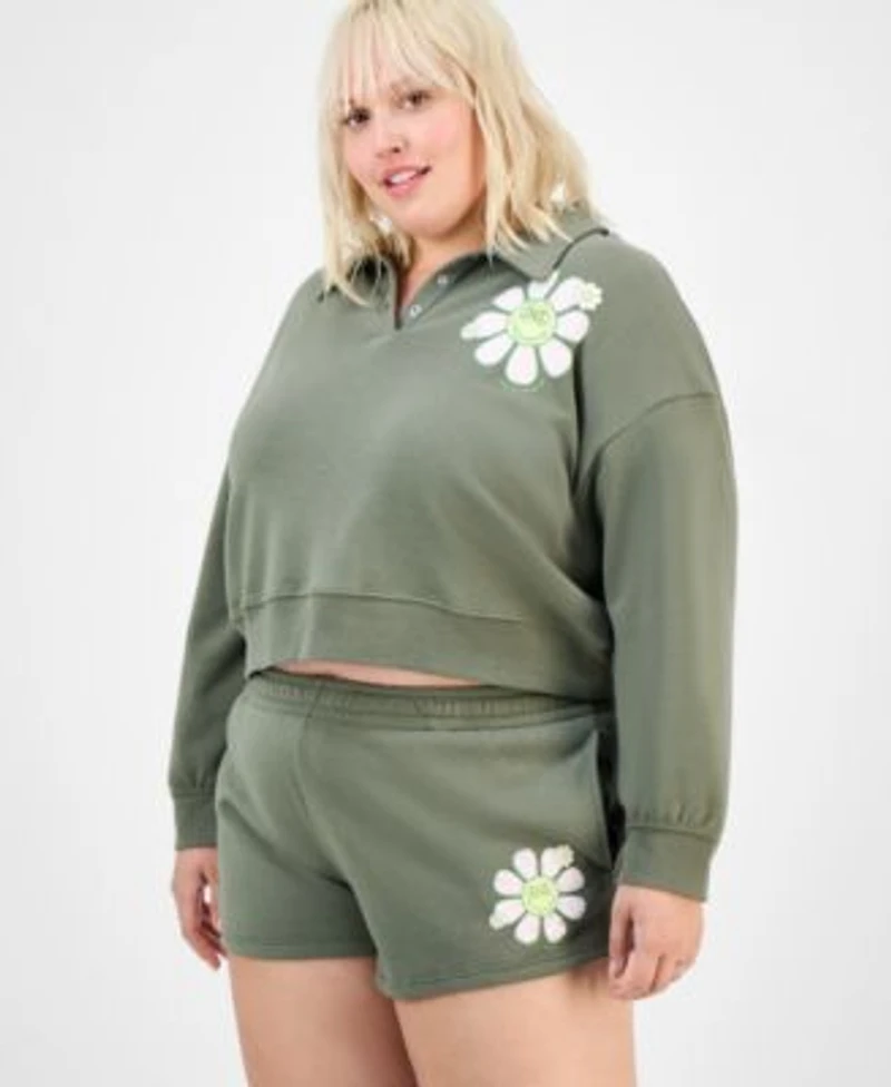 Grayson Threads The Label Trendy Plus Size Collared Daisy Sweatshirt Shorts