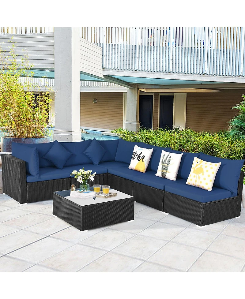 Gymax 7PCS Rattan Patio Conversation Set Sectional Furniture Set w/ Navy Cushion