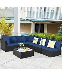 Gymax 7PCS Rattan Patio Conversation Set Sectional Furniture Set w/ Navy Cushion