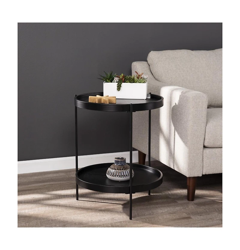 Round End Table with Shelf in Wood and Iron for Living Room or Office