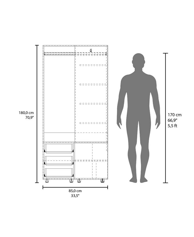 Granger Armoire, 1 Door, 3 Drawers, 7 Shelves, 10 Legs, White