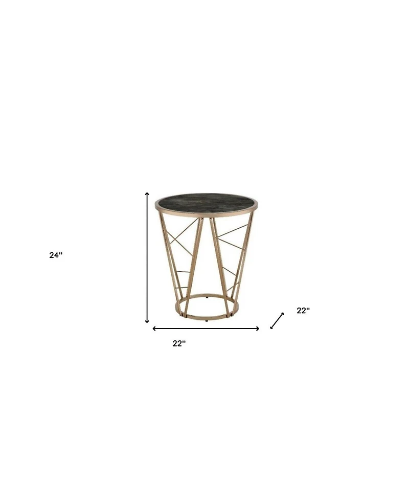 Contemporary Faux Marble and Glass Round End Table with Stylish Metal Legs