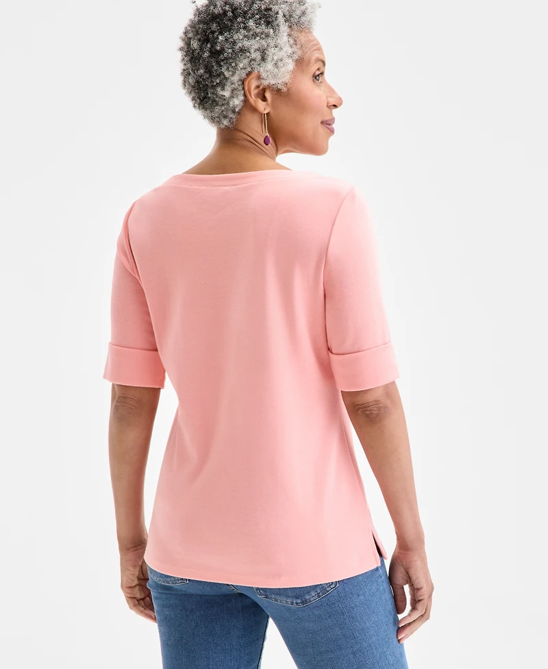 Style & Co Women's Boat-Neck Elbow Sleeve Cotton Top, Exclusively at Macy's