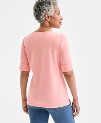 Style & Co Women's Boat-Neck Elbow Sleeve Cotton Top, Exclusively at Macy's