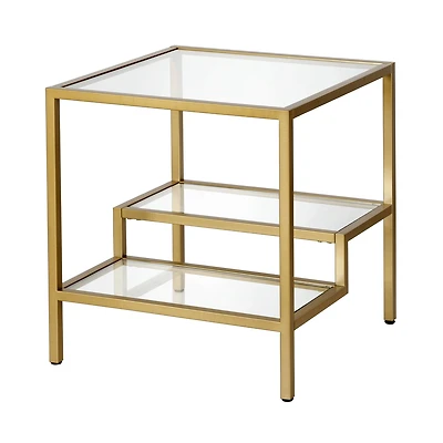 Modern 22" Square End Table – Brass Finish, Clear Glass, and Two Shelves