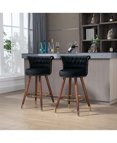 Set of 2 Swivel Bar Stools with Backrest and Footrest Upholstered Counter Height Chairs Solid Wood Legs for Kitchen Island Dining or Home Bar-The