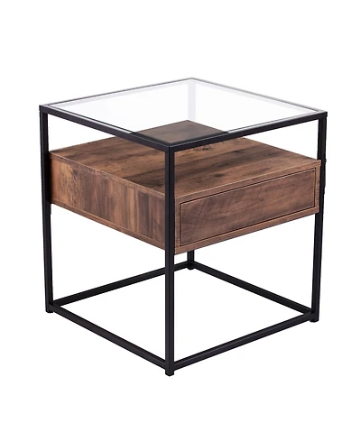 22" Black Glass And Iron Square End Table With Drawer With Shelf