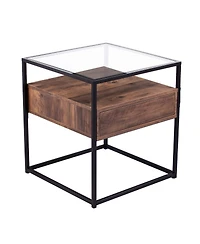 22" Black Glass And Iron Square End Table With Drawer With Shelf