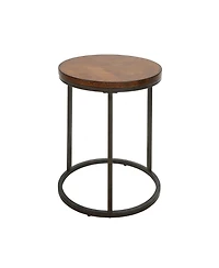 Wood and Iron Round Accent Table – Industrial Style with Rustic Charm for Living Room