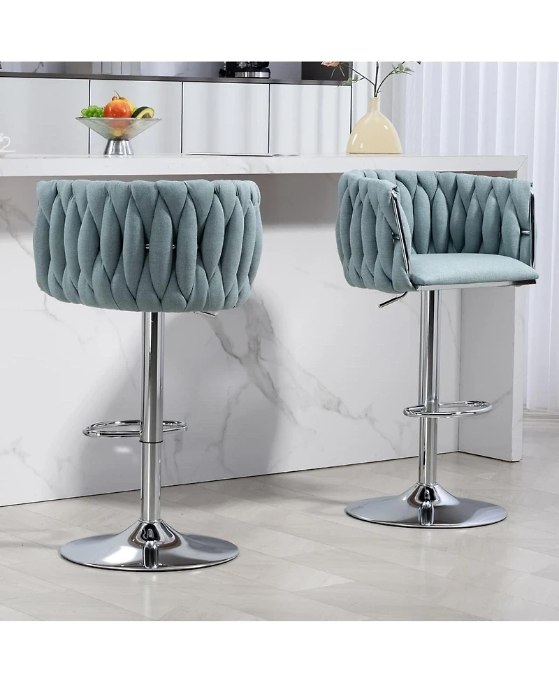 Set of 2 Adjustable Swivel Bar Stools with Woven Fabric Back and Footrest Modern Upholstered Counter Height Chairs for Kitchen Island or Area-The