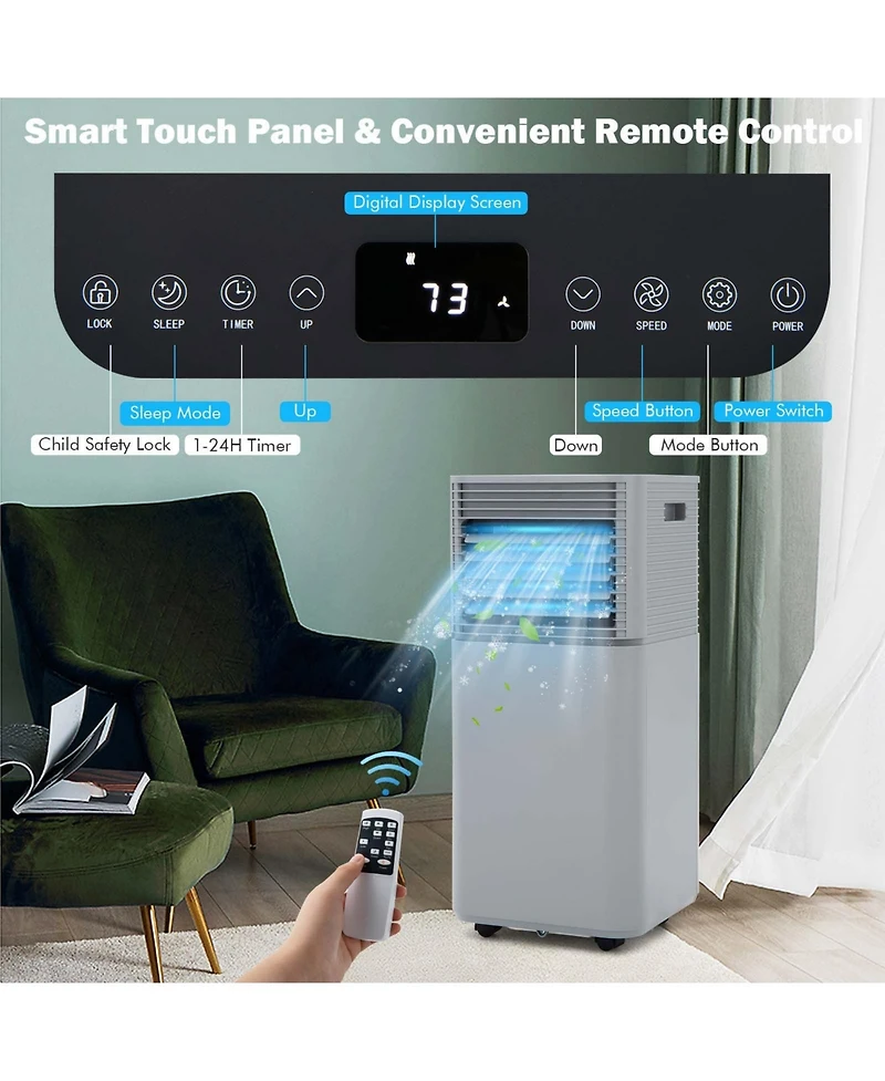 8000 Btu Portable Air Conditioner, 3-in-1 Ac Unit with Dehumidifier, Fan, and 24H Timer, Cools Rooms up to 230 Sq.Ft, Sleep Mode, Adjustable Exhaust