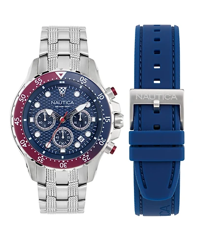 Nautica Men's Chronograph Silver-Tone Stainless Steel Watch Set, 44mm