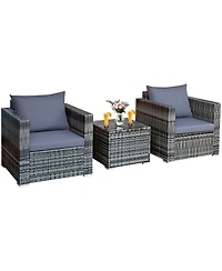 3 Pcs Patio Rattan Furniture Bistro Set Cushioned Sofa Chair Glass Table Garden
