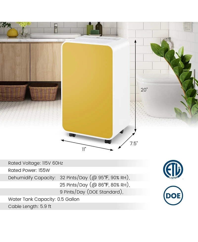 32 Pints/Day Portable Quiet Dehumidifier for Rooms up to 2500 Sq. Ft