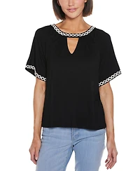 Belldini Women's Crochet Trim Short Sleeve Knit Top