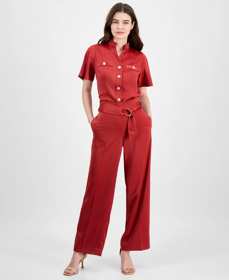 Anne Klein Women's Pull On High Rise Belted Wide Leg Satin Pants