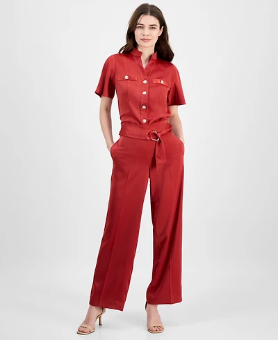 Anne Klein Women's Pull On High Rise Belted Wide Leg Satin Pants