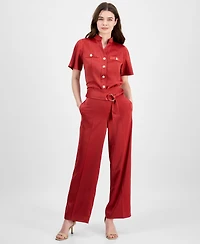 Anne Klein Women's Pull On High Rise Belted Wide Leg Satin Pants