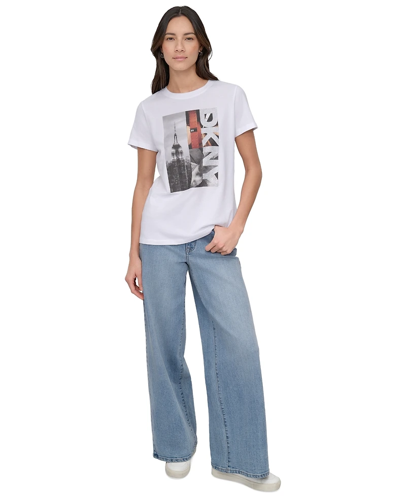 Dkny Jeans Women's Rhinestone 3 Image Photoreal Logo T-Shirt - WHB