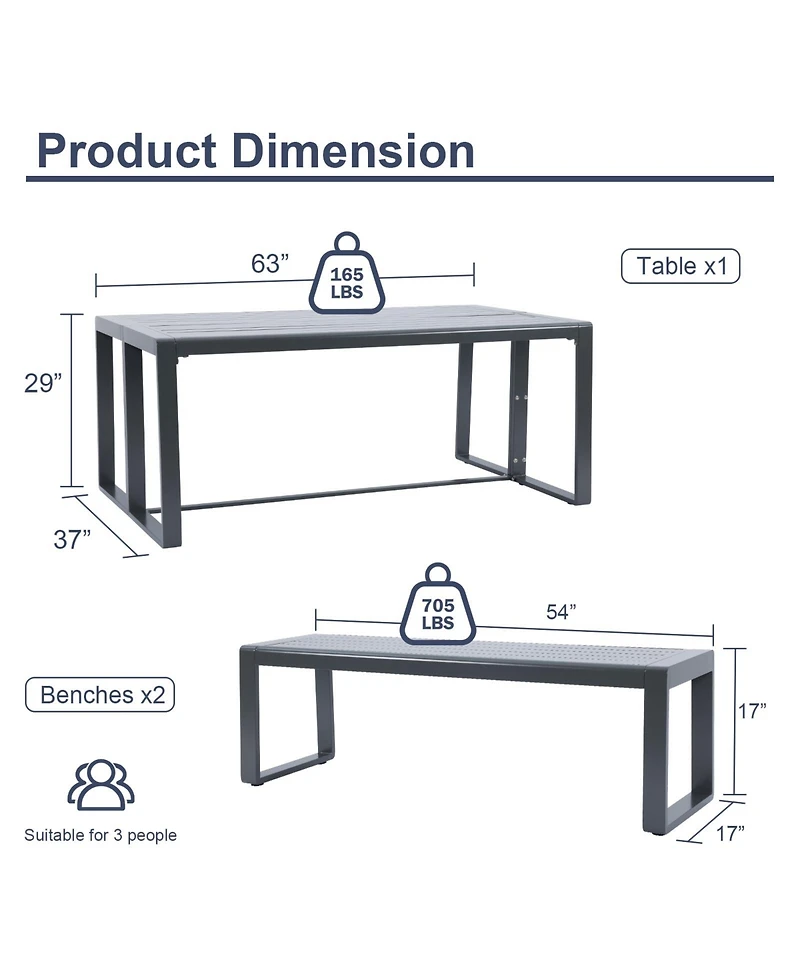 Aoodor 3-Piece Outdoor Patio Dining Set, Aluminum Furniture Set with 1 Rectangular Picnic Table and 2 Benches for Garden, Lawn, Yard