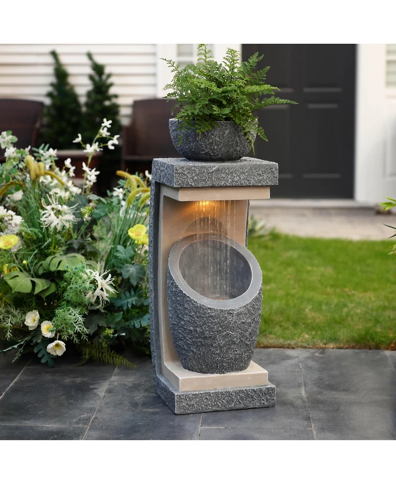 LuxenHome Gray Resin Column and Bowl Sculpture Outdoor Fountain with Lights
