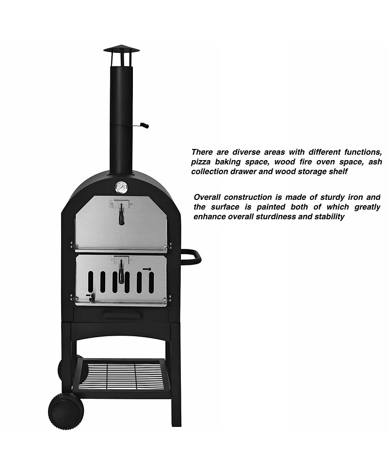 Rolling Outdoor Pizza Oven Wood Fire Pizza Maker With Pizza Peel Pizza Stone Waterproof Cover Wood Storage Shelf Ash Collection Drawer Thermometer Hea