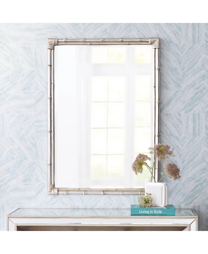 Takeo Rectangular Vanity Decorative Wall Mirror Modern Rustic Style Distressed Silver Faux Bamboo Frame Beveled 31" Wide for Bathroom Bedroom Liv