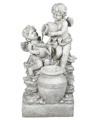 LuxenHome Gray Resin Cherub Angels Outdoor Fountain with Led Light