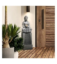 LuxenHome Resin Meditating Buddha on Column Lighted Outdoor Fountain