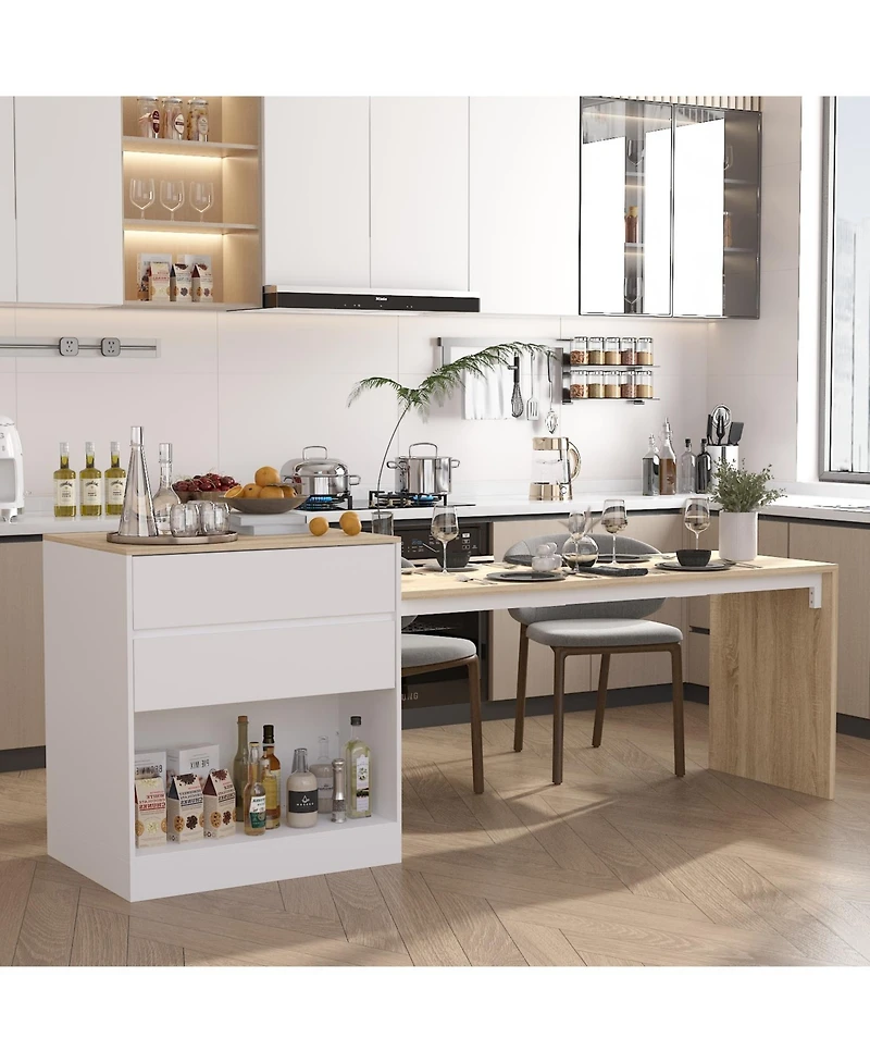Kitchen island with 2 drawers, kitchen island storage table with dining table, coffee station and microwave rack for home, dining room, wood grain col