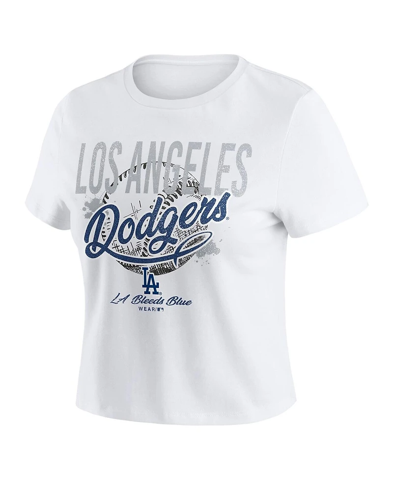 Wear by Erin Andrews Women's White Los Angeles Dodgers Distressed Cropped Baby T-Shirt